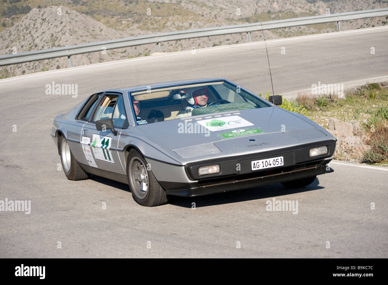 Silver 1973 Lotus Esprit sports car racing in the classic car rally Mallorca Stock Photo