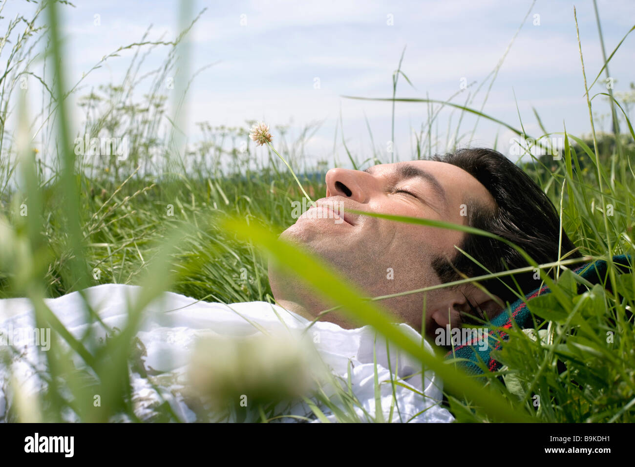 Dozing Activity portrait of young man dozing in grass Stock Photo - Alamy