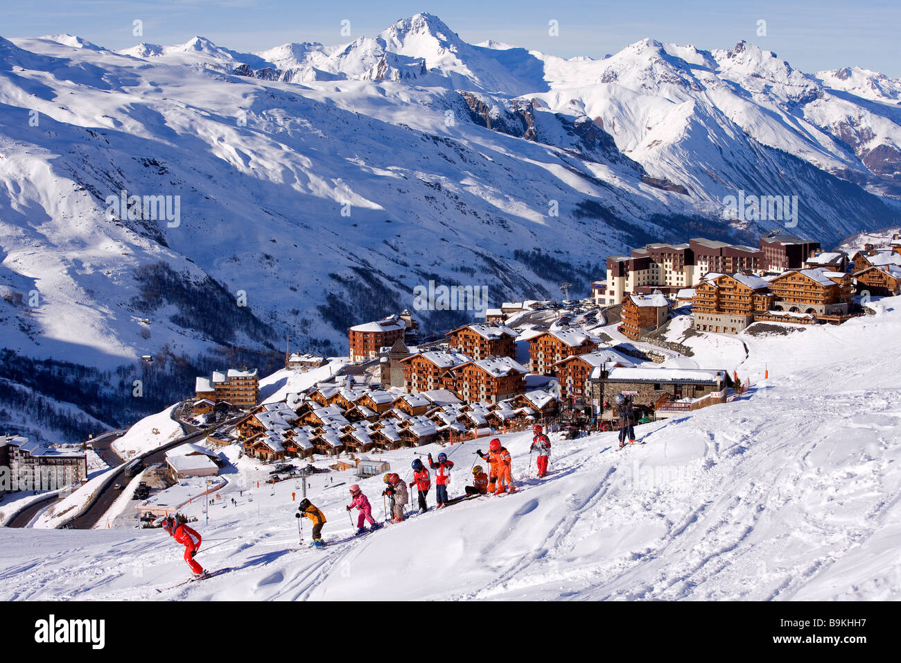 France, Savoie, Les Menuires, Reberty Districts and Club Med, Massif de la Vanoise in the background Stock Photo