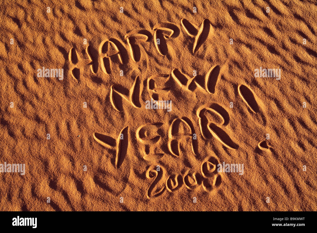 Mauritania, Adrar, Happy New Year 2008 written in the sand Stock Photo