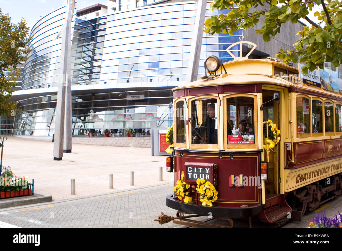 Tram outside Art Gallery in Christchurch New Zealand Stock Photo