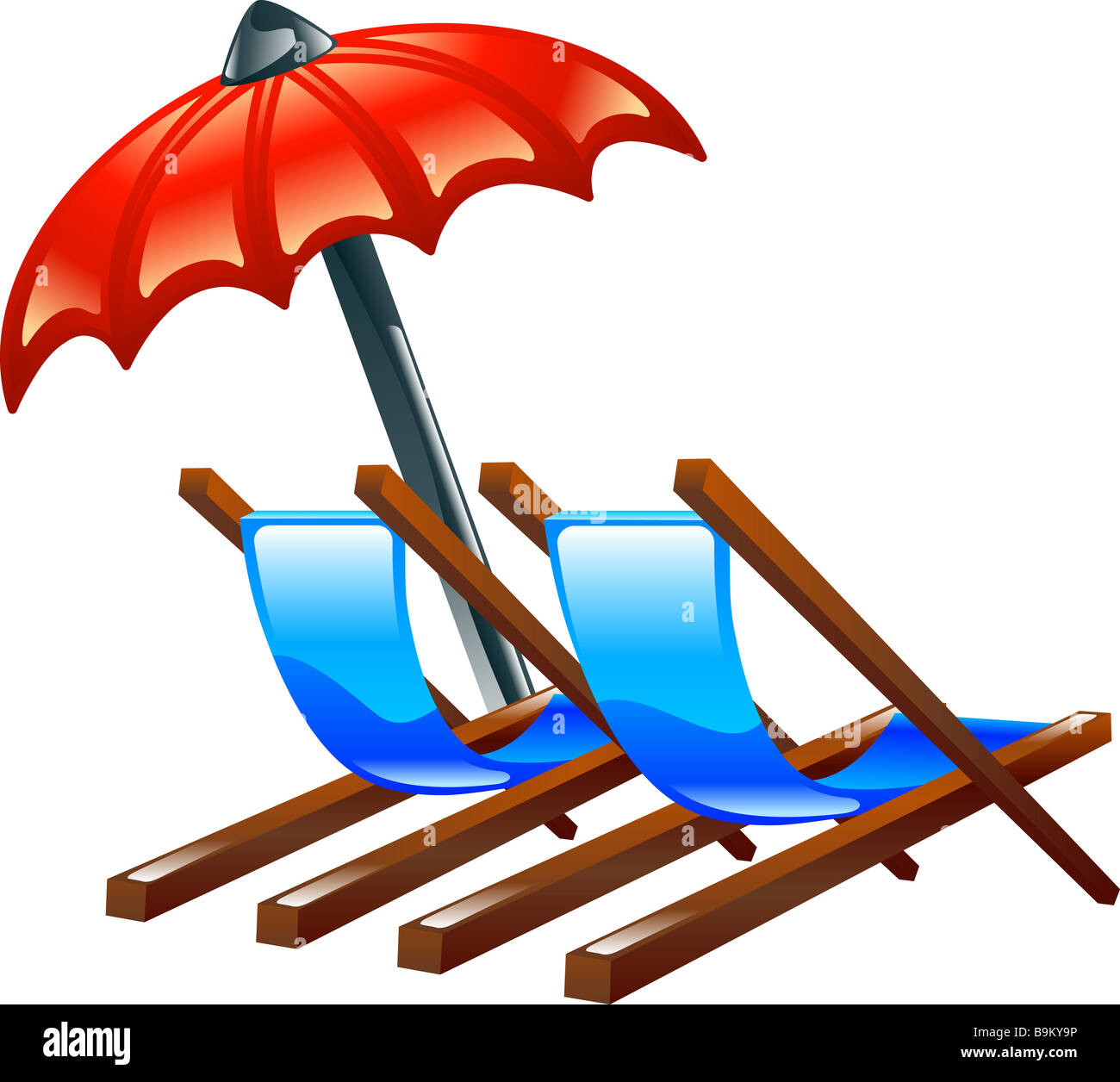 Illustration of shiny glossy deck or beach chairs and parasol
