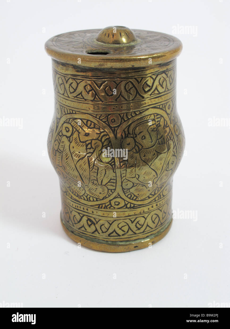 Antique Islamic engraved brass vesta late 19th c Stock Photo