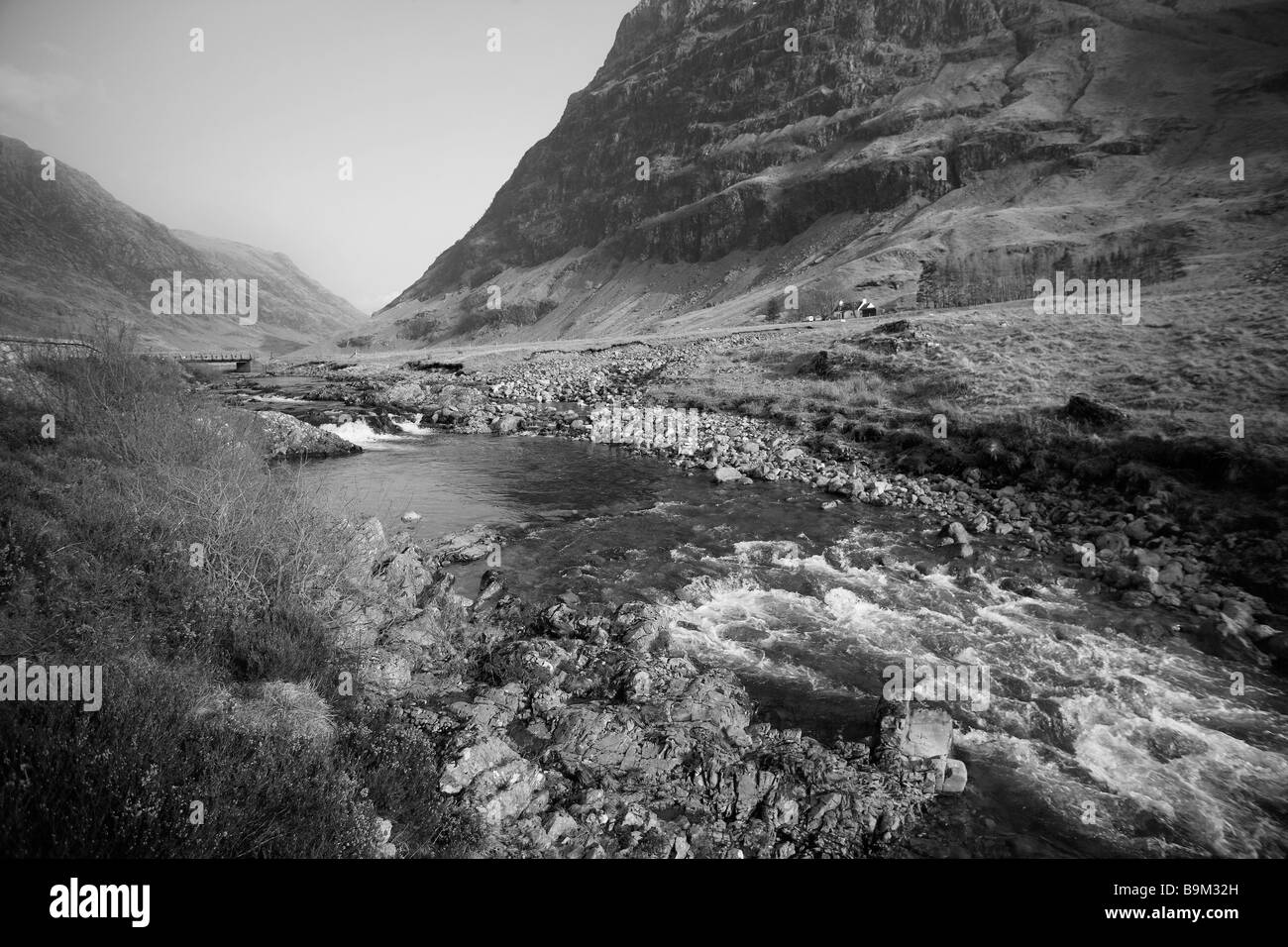 Black & white image,mountainous scene ,snow melt stream, Scotland in landscape. Stock Photo