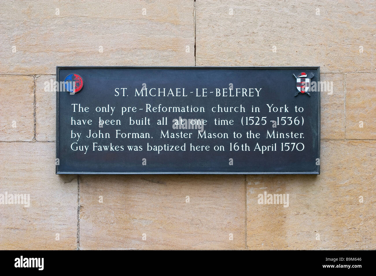 A plaque on the outside of St Michael le Belfrey Anglican church in York, the place where Guy Fawkes was christened Stock Photo