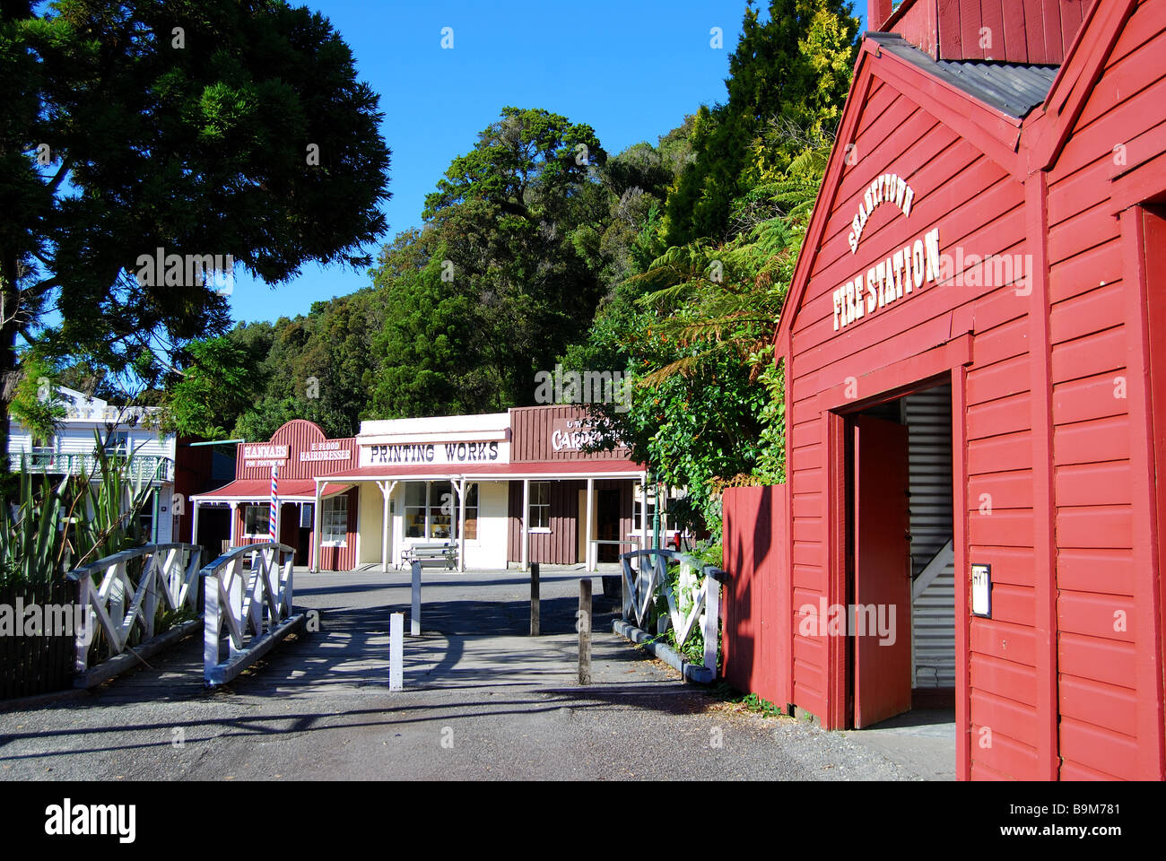 Old Fire Station at 19th century gold-mining town, Shantytown, Greymouth, West Coast, South Island, New Zealand Stock Photo