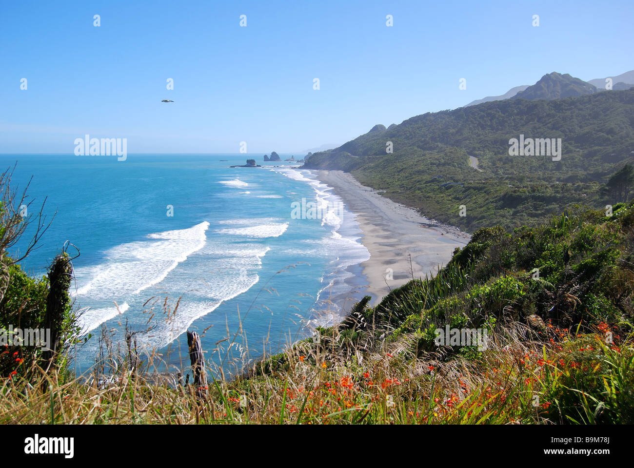 12 Mile Beach and Motukiekie Rocks, Near Greymouth, West Coast, South Island, New Zealand Stock Photo
