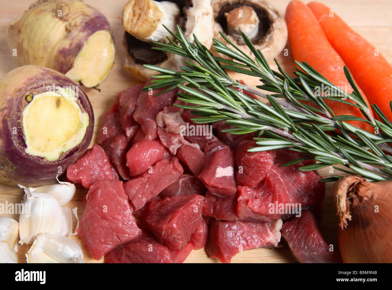 The ingredients for making a traditional British beef stew,a common home-cooked winter meal. Stock Photo