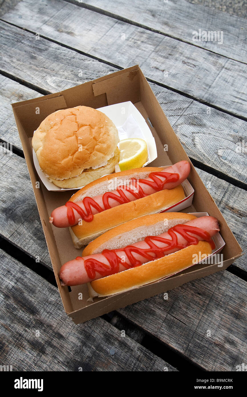 United States, Maine, Kennebunkport, hot-dog and hamburger Stock Photo