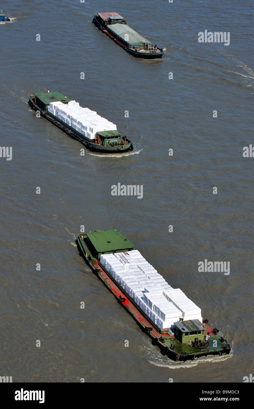 China, Shanghai, transportation of goods on Huangpu River seen from Nanpu Bridge Stock Photo