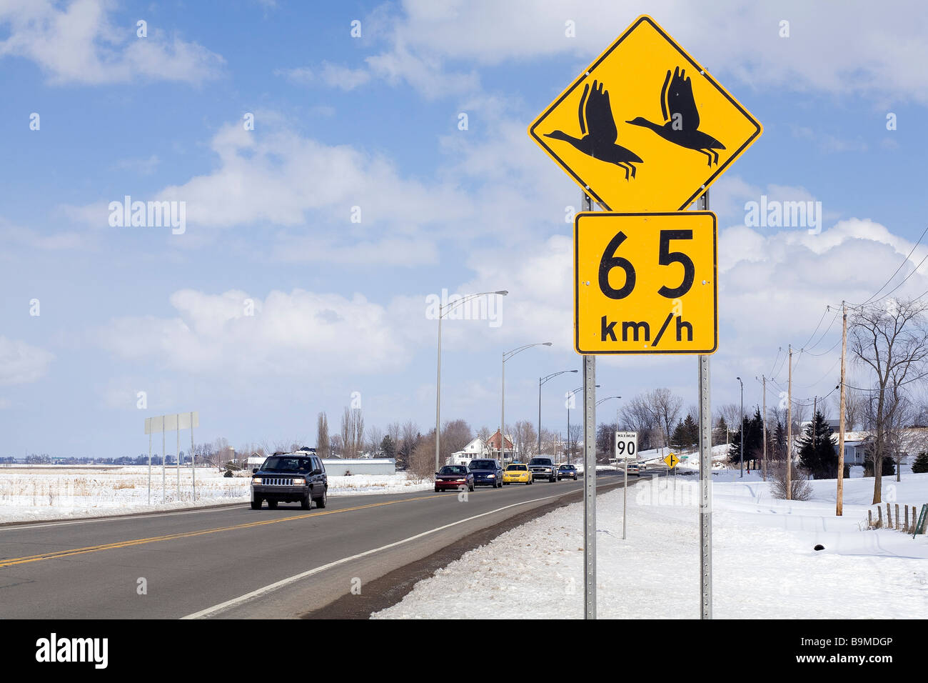 Canada, Quebec province, Baie du Febvre, on the southern bank of Lake Saint Pierre, between Montreal and Quebec, road sign Stock Photo