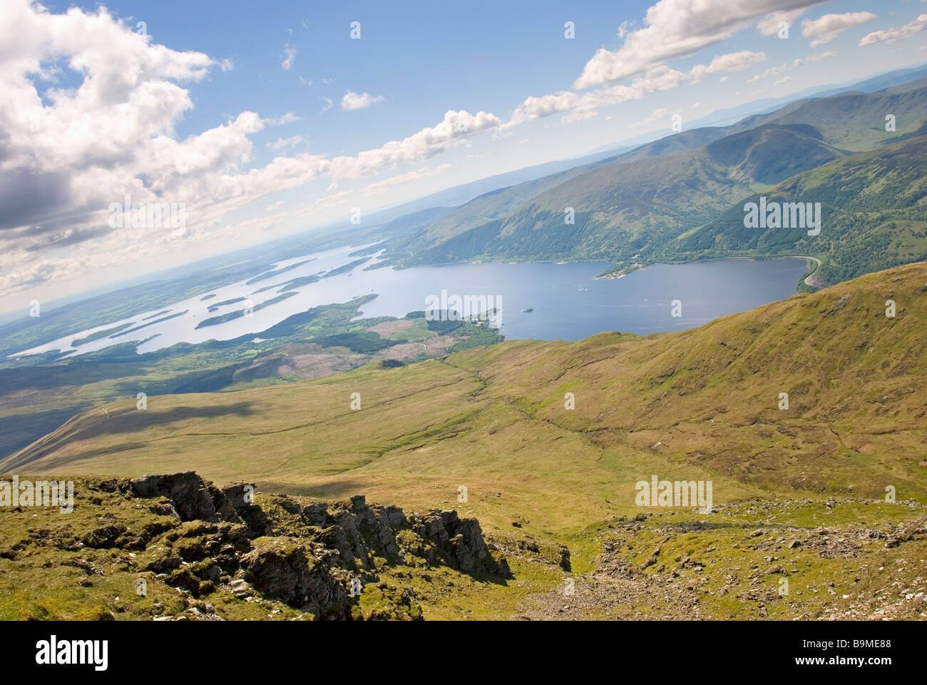 The view over Loch Lomond from the summit of Ben Lomond on a clear summer's day, Stirlingshire, Scotland Stock Photo