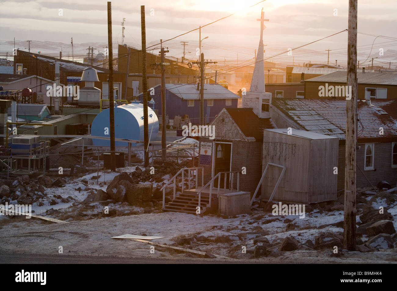 Traditional buildings at sunset in Taloyoak inuit settlement Nunavut, elevated view, Canadian arctic, Canada Stock Photo