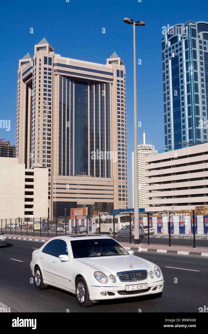 United Arab Emirates, Dubai, Mercedes car passing at the back of a