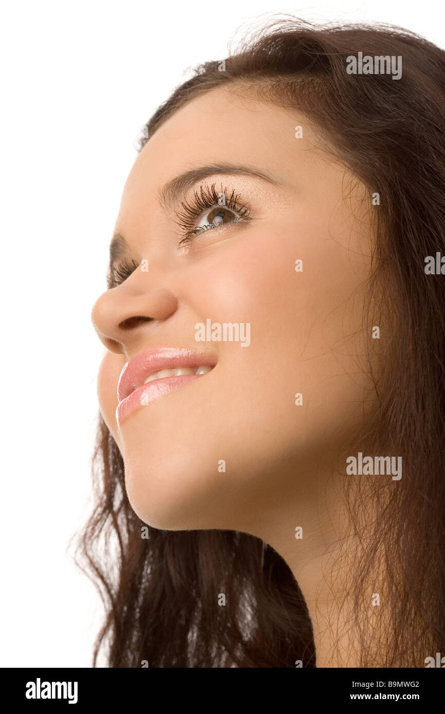 young brunette woman with long hair isolated on white Stock Photo - Alamy