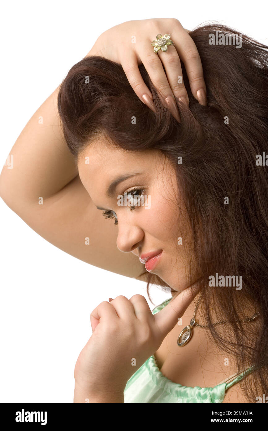 young brunette woman with long hair isolated on white Stock Photo - Alamy