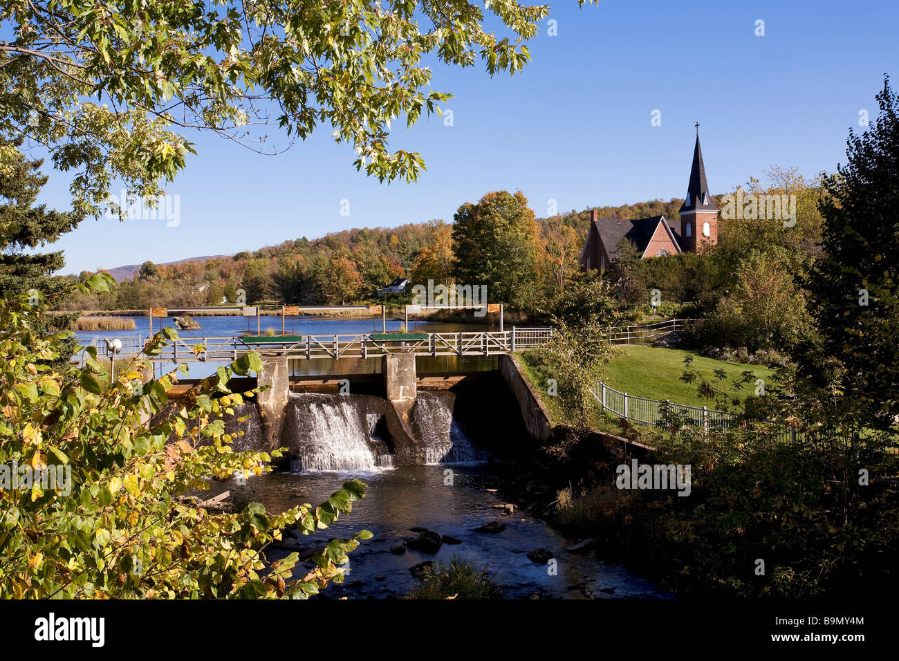 Canada, Quebec Province, Estrie Region, Lac Brome Knowlton Municipality, church and small dam in