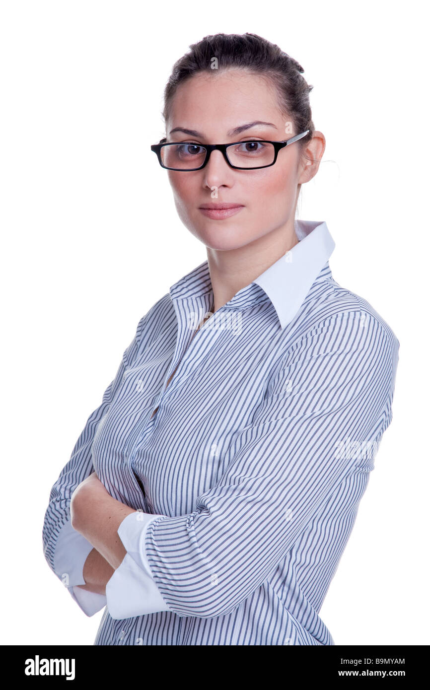 Portrait of an attractive businesswoman wearing a striped shirt with her arms folded isolated on white background Stock Photo