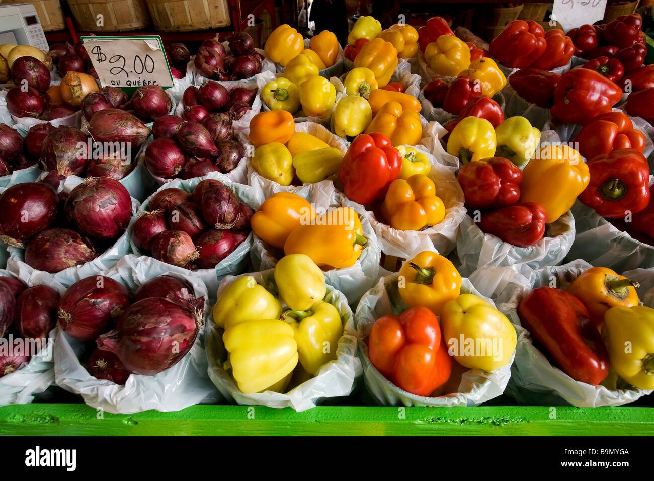 Canada, Quebec Province, Montreal, Jean Talon Market in Little Italy District, oinons and peppers Stock Photo