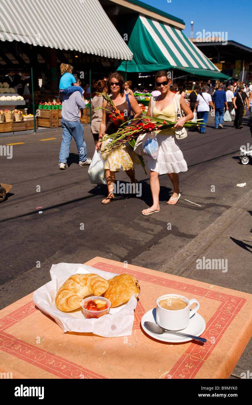 Canada, Quebec Province, Montreal, Jean Talon Market in Little Italy District, breakfast with coffee and croissants Stock Photo