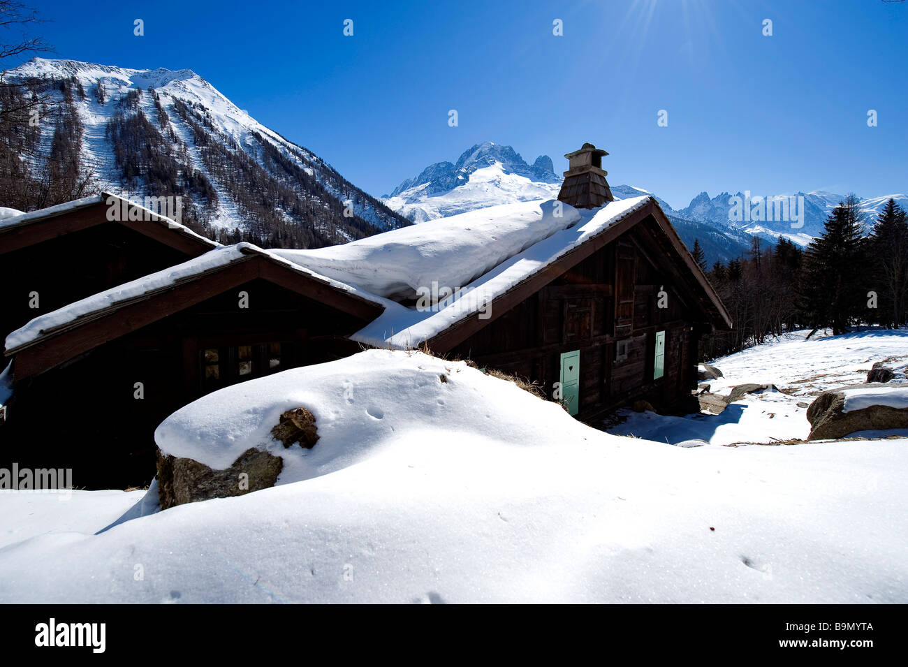 France, Haute Savoie, Tre le Champ village (1400 m) with the Mont Blanc