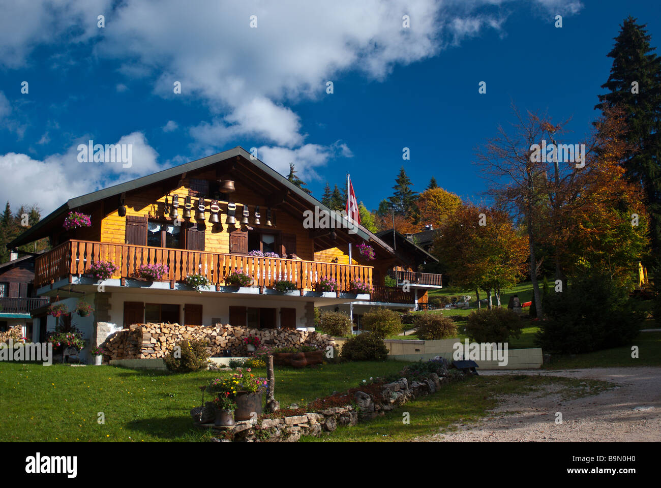 Typical Swiss Chalet on a sunny autumn afternoon, La Dôle, Switzerland Stock Photo