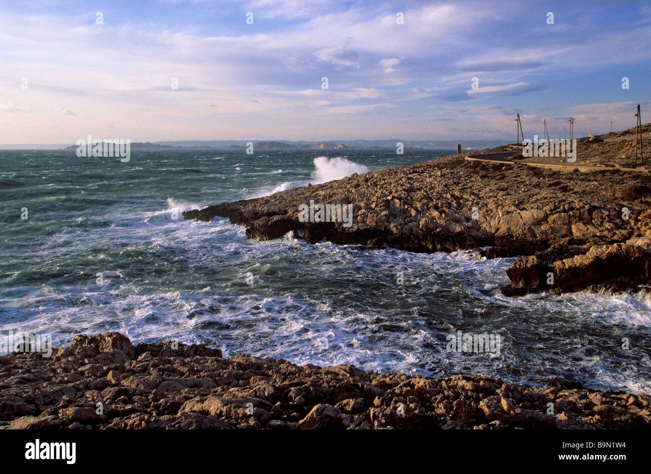 France, Bouches du Rhone, Marseille, Cap Croisette, Goudes road, day with mistral Stock Photo