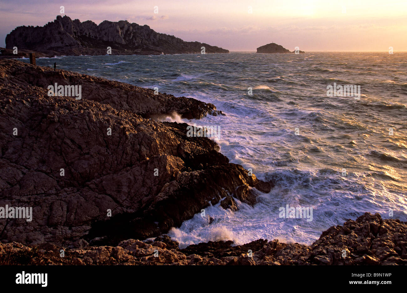 France, Bouches du Rhone, Marseille, Cap Croisette, Maire island seen from the Goudes road, day with mistral Stock Photo