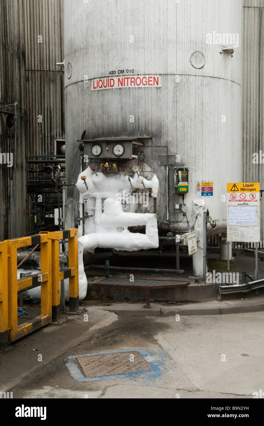Ice on pipes; Liquid Nitrogen storage tank Stock Photo