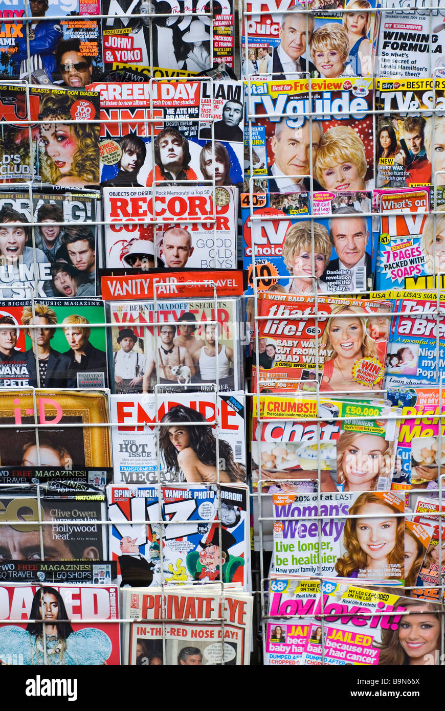 Close up of a magazines stand in Manchester city centre UK Stock Photo