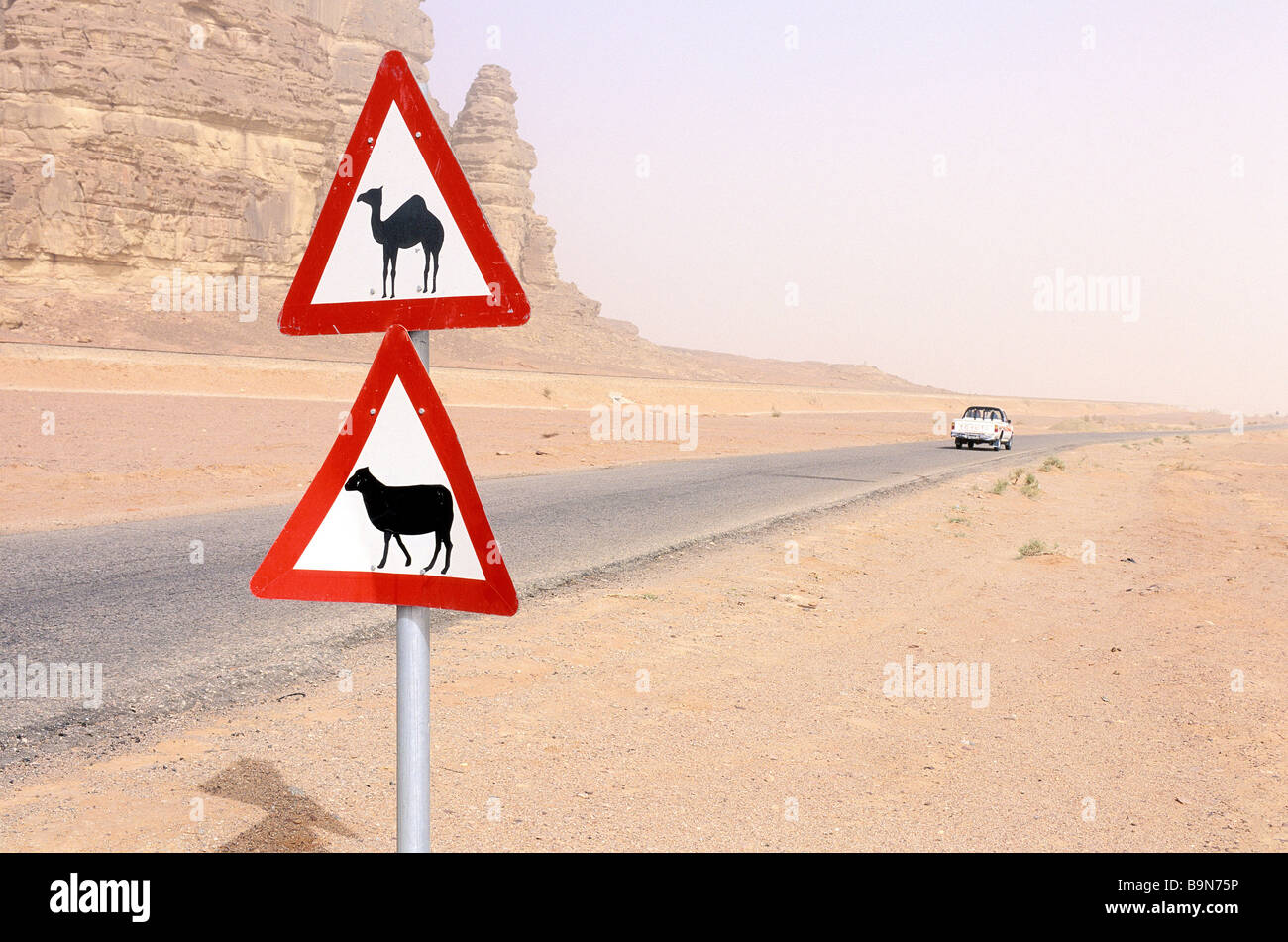 Jordan, Wadi Rum desert, roadsign Stock Photo