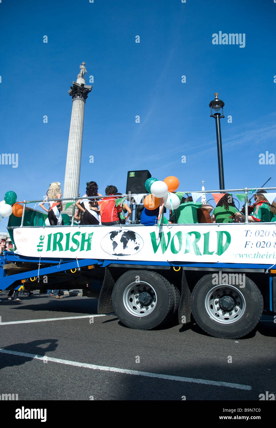 a float goes past Trafalgar sq during the st Patrick's day parade , London 2009 Stock Photo