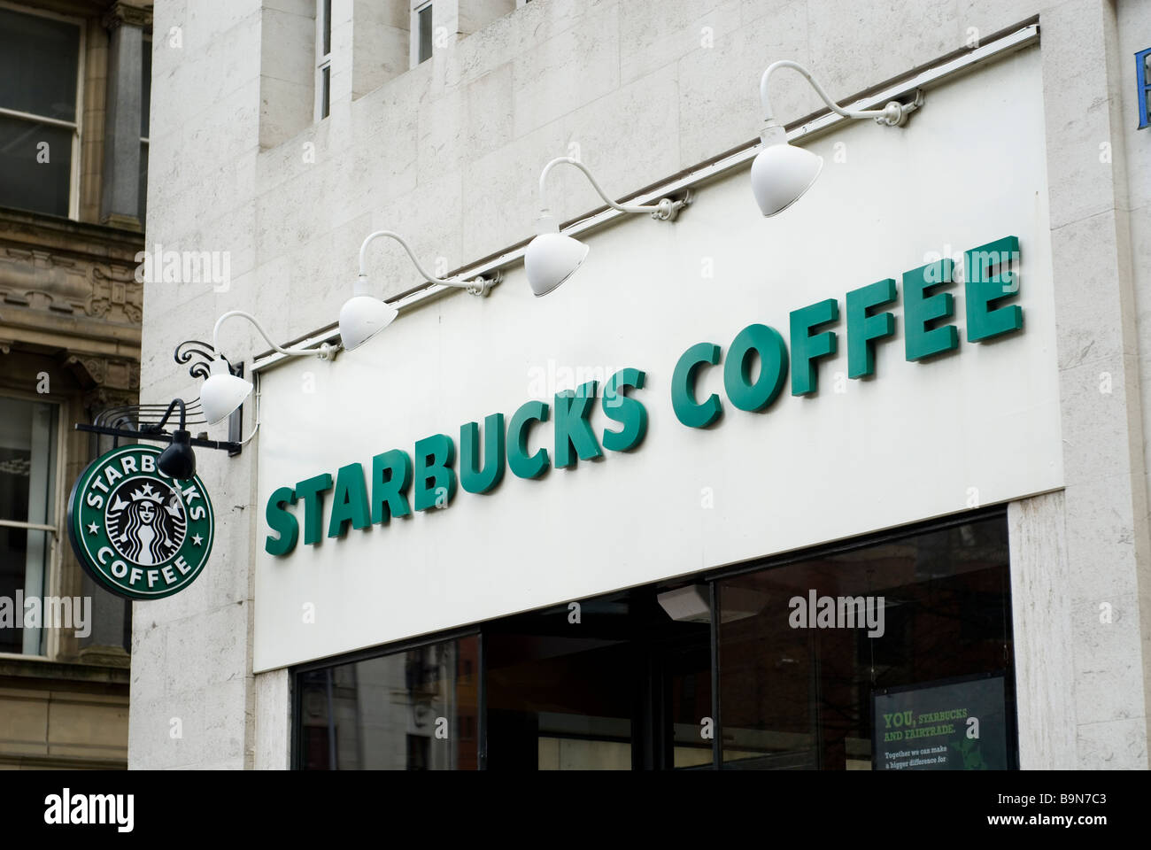 Starbucks coffee shop sign in Manchester city centre UK Stock Photo