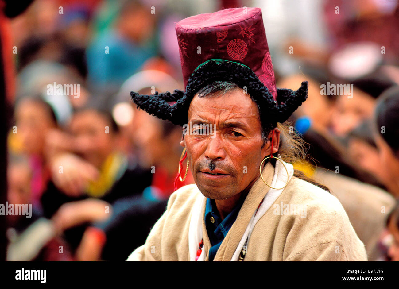 India, Jammu and Kashmir, Ladakh, man wearing tibi (traditional hat) Stock Photo