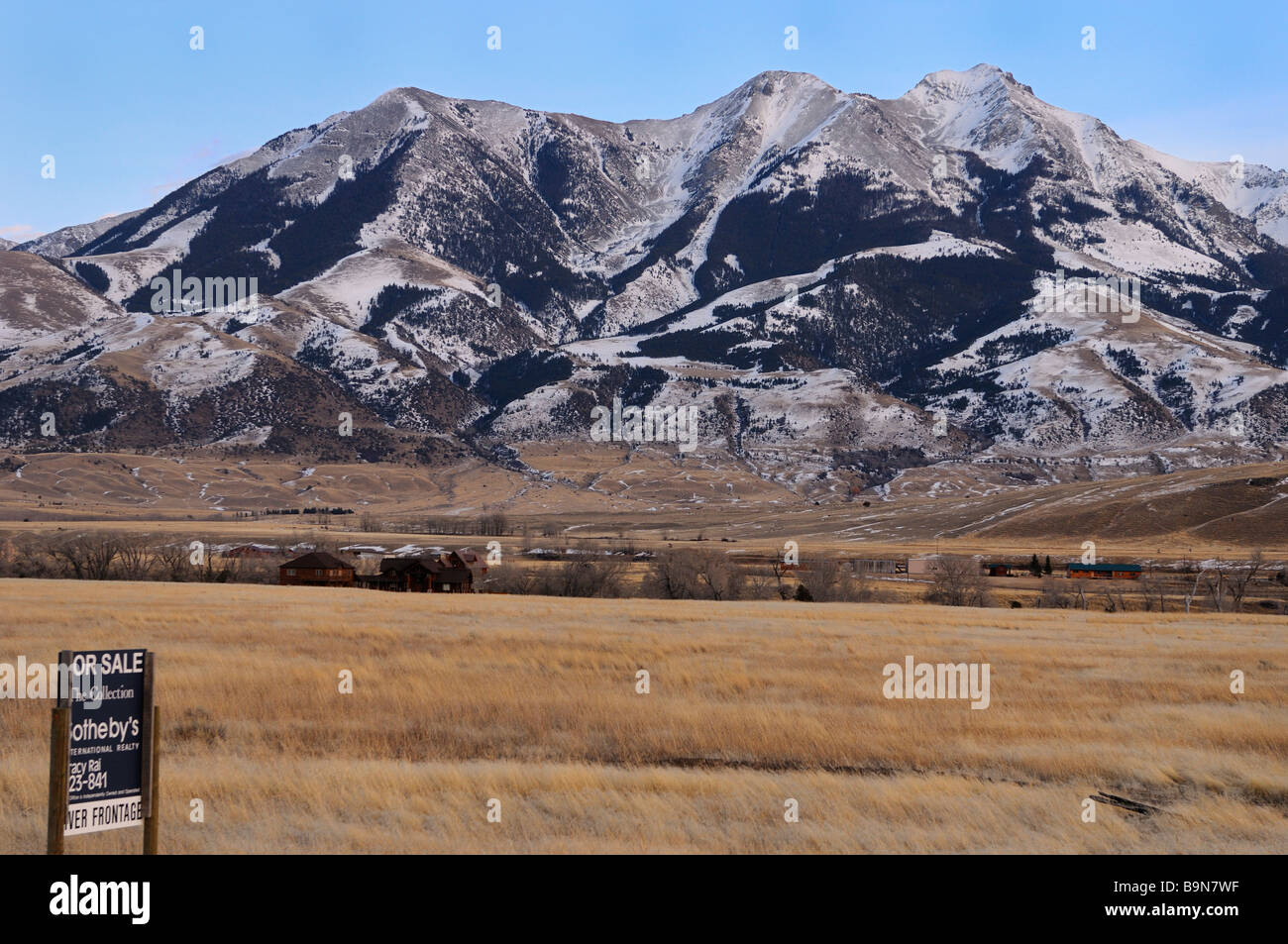 Homestead for sale on the Yellowstone River with Dome Mountain at sunset Absaroka Range