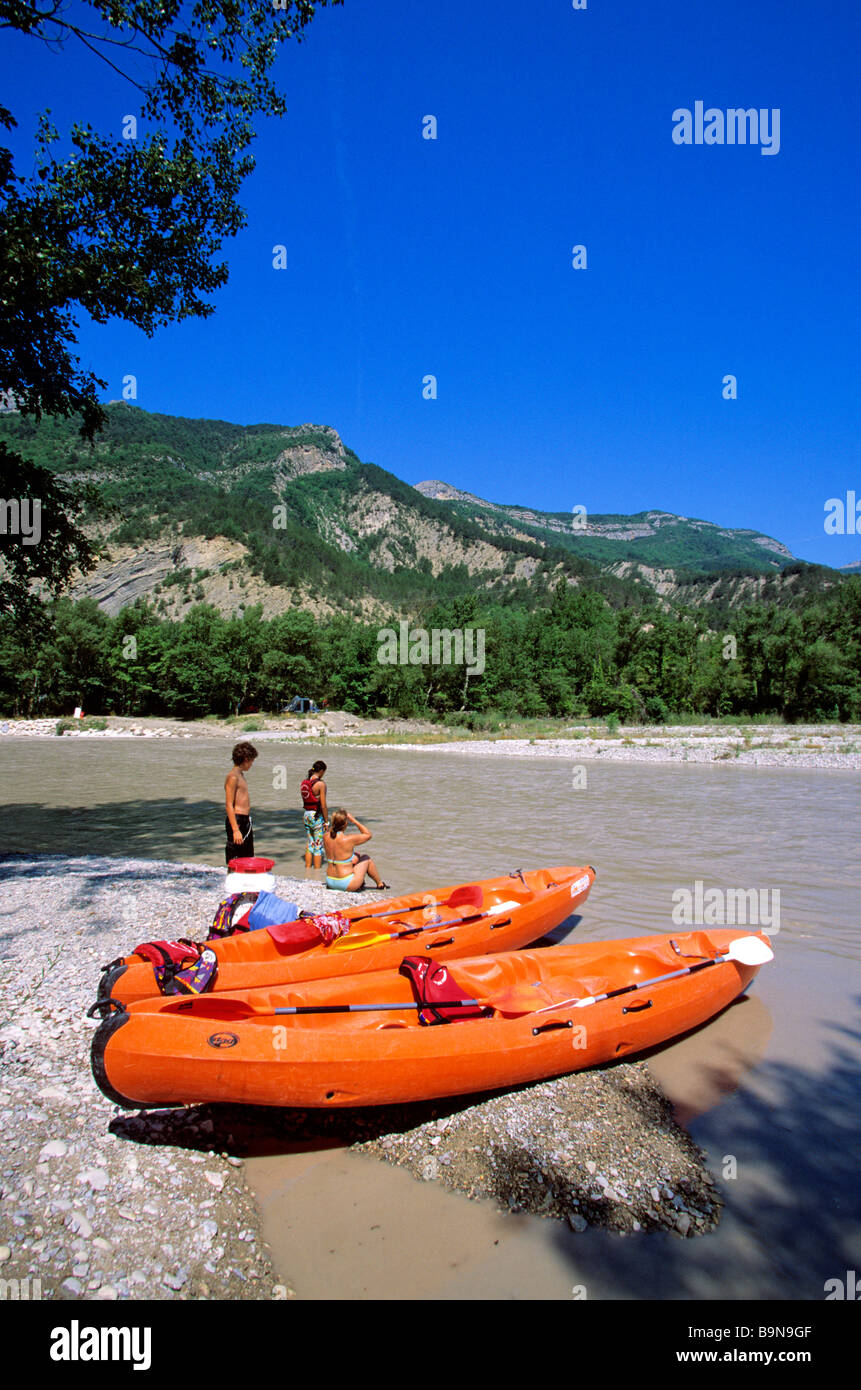 France, Drome, Drome Provencale, canoe in Drome River near Saillans