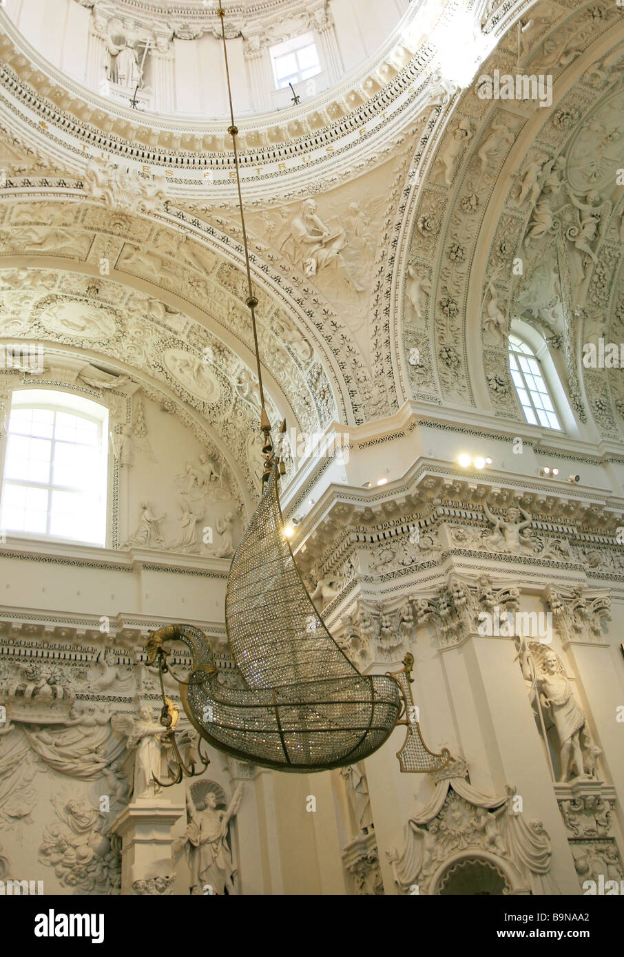 Interior view of St Peter and St Paul's Church in Vilnius, Lithuania, with a crystal ship hanging from the dome. Stock Photo