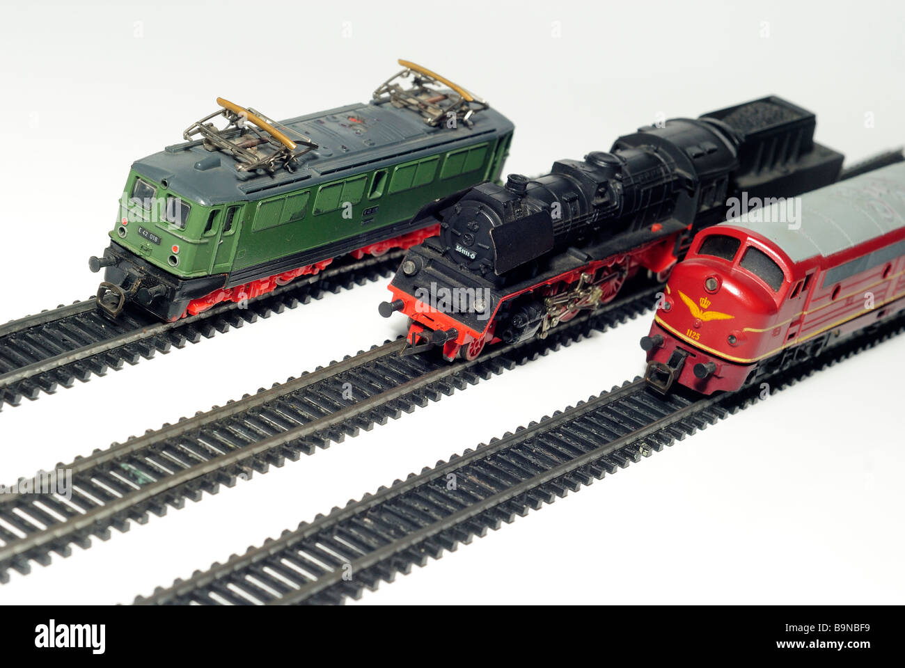 Steam electric and diesel locomotives engine and tracks model railway cut out still life detail Stock Photo Alamy
