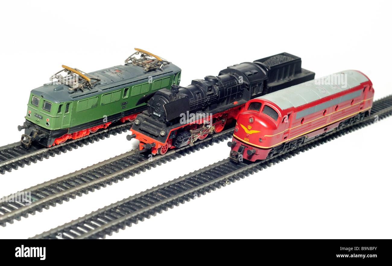 Steam, electric and diesel locomotives engine and tracks model railway ...