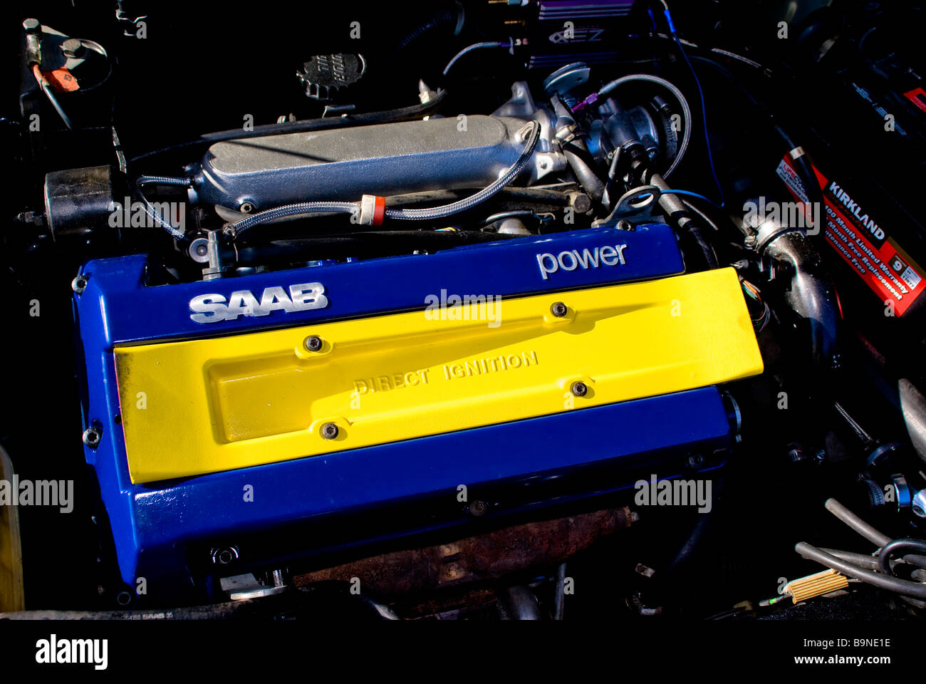 a saab engine painted with the swedish national colours Stock Photo