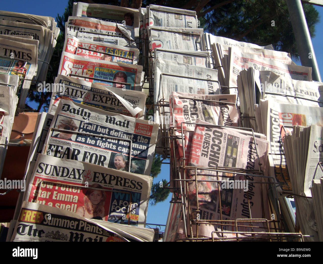 News papers for sale at a news store in sardinia. Holiday / news / tourism Stock Photo