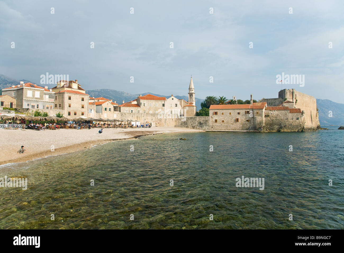 Old town fort and beach at Budva Montenegro Europe Stock Photo