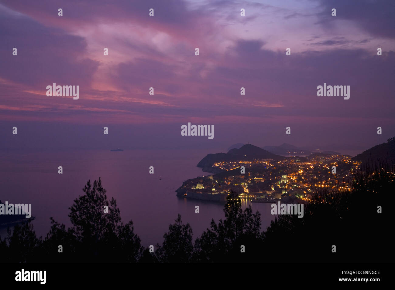Evening dusk on Dubrovnik town and Adriatic Sea Dalmation Coast Croatia Europe Stock Photo