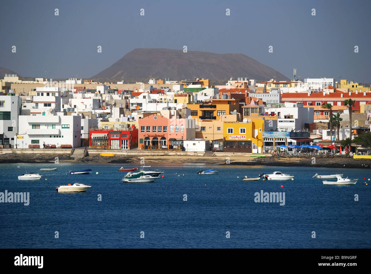 View of town and harbour, Corralejo, Fuerteventura, Canary Islands, Spain Stock Photo