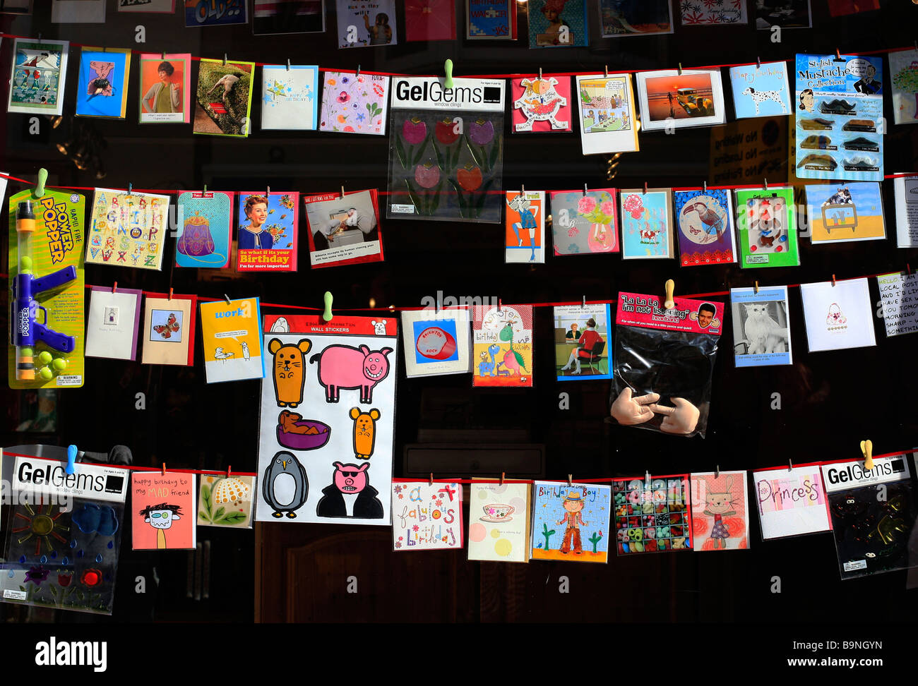 Greetings cards are pictured in a window of a shop in Brighton Stock