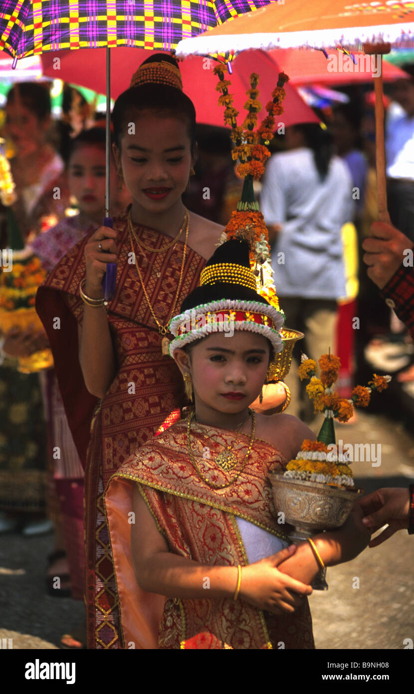A children's beauty pageant to celebrate Phimai, Buddhist New Year, in Luang Prabang, Laos. Stock Photo