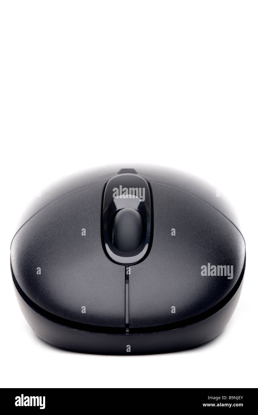 a black cordless computer mouse on a white background Stock Photo