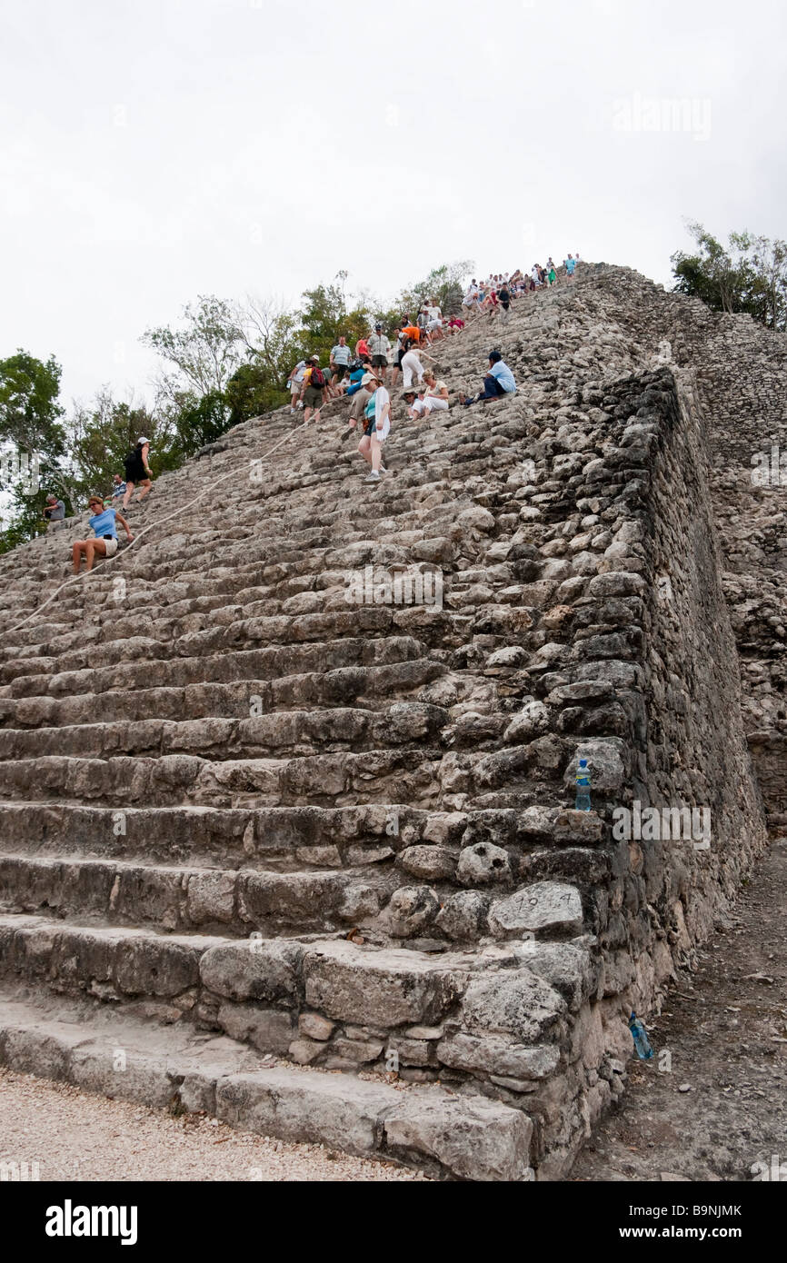 Mexico Yucatan 2009 Coba Mayan historic ruins complex - climbing the Nohoch Mul pyramid Stock Photo