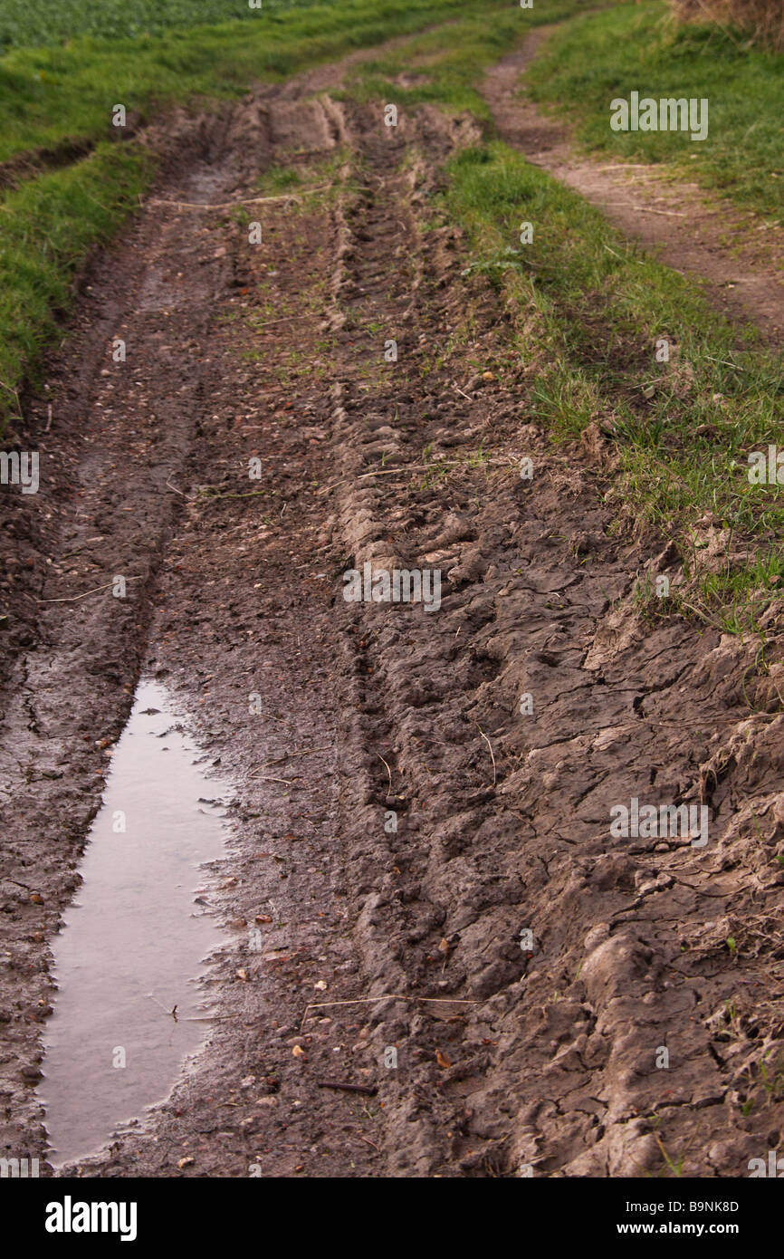 Farm track with ruts and puddles full of water Stock Photo