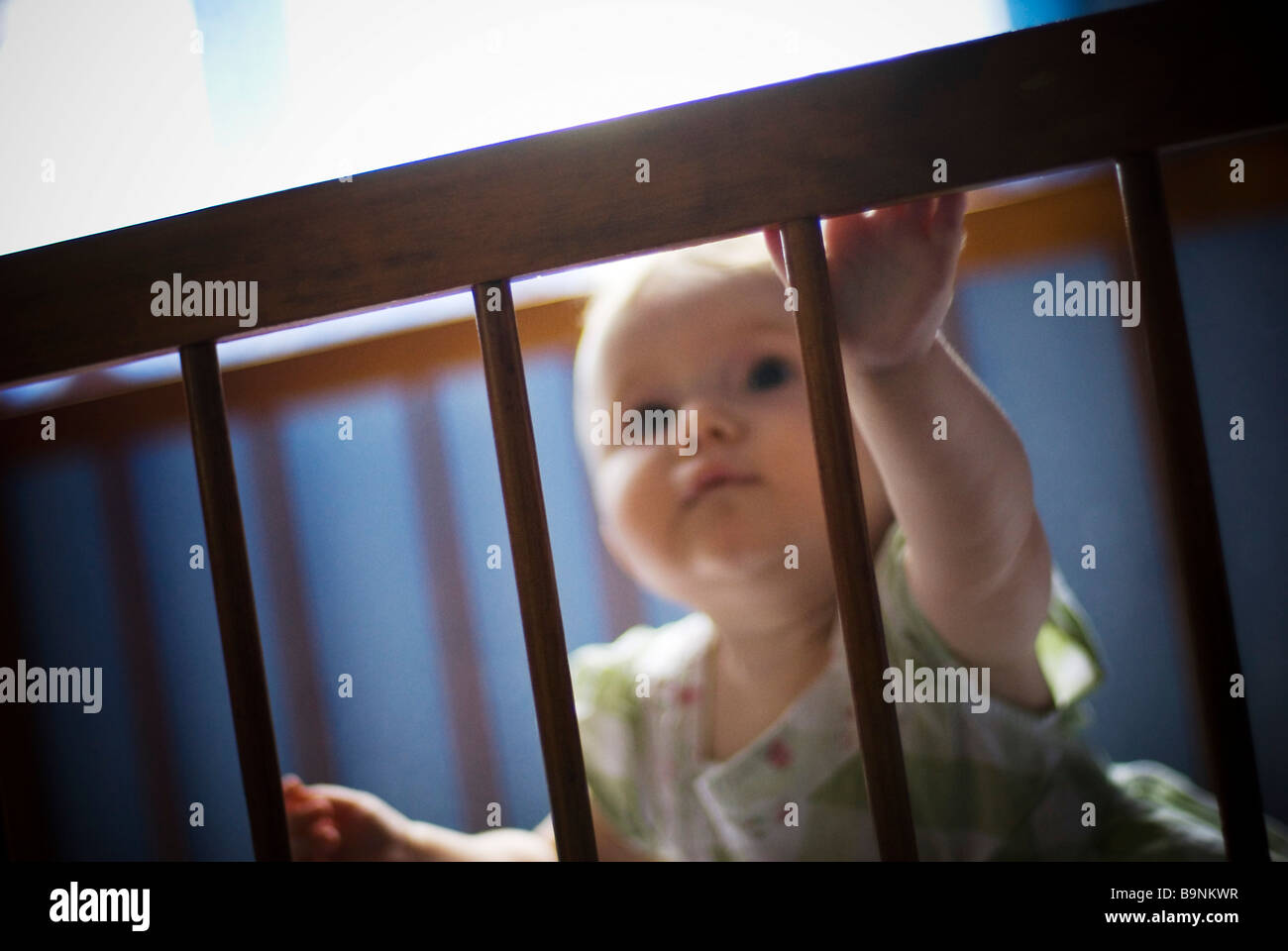 Baby in cot Stock Photo